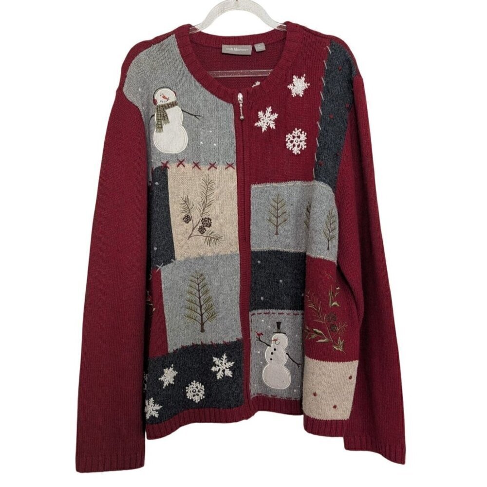Croft & Barrow Snowman Cardigan Womens Size XL Red Snow Winter Full Zip Sweater